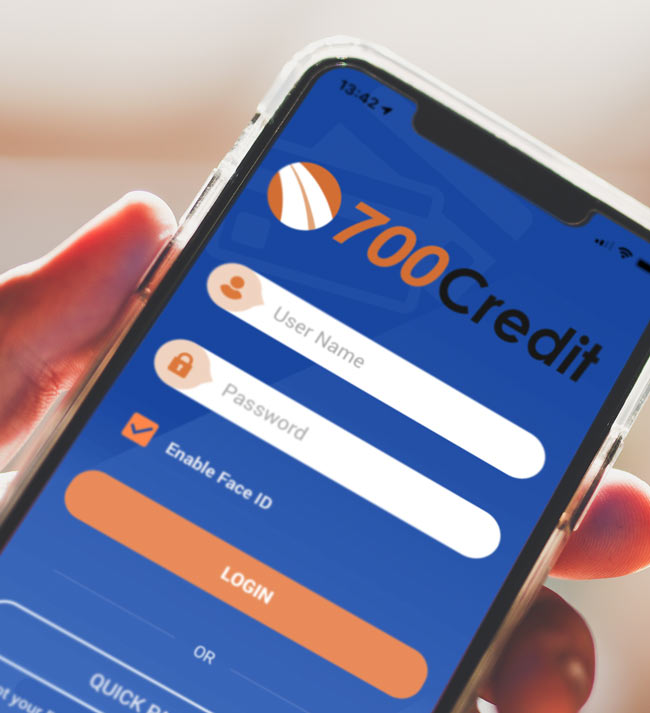 Log in page for 700Credit mobile app viewed on a smartphone