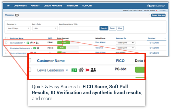 Image shows eLend dashboard UI, with the customer line highlighted to show icons, along with the following caption:Quick and Easy Access to ID verification results, Compliance Alerts, FICO Score, Customer Status, and more.