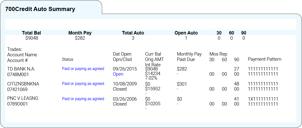 Example 700Credit Auto Summary which details bank accounts used, balance due, monthly pay, interest rates, and payment pattern