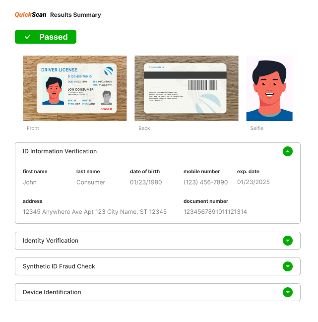 Results Summary showing front and back of license verified and ID Information verified, Synthetic ID Fraud Check passed, and Device Identification verified as belonging to owner